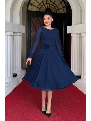 Sifon Kumaş Çiçek Detaylı Midi Elbise - Lacivert