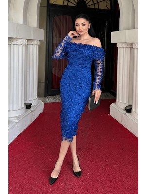 Üç Boyut Çiçekli Kumaş Kayık Yaka Kalem Elbise - Saks Mavi