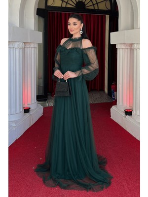 Tül Kumaş Volan Detaylı Tasarım Elbise - Zümrüt Yeşil