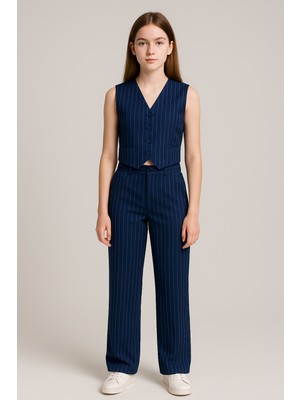 Kız Çocuk  14-17 Yaş Yelekli  Pantolonlu Çizgi Detaylı Ikili Takım