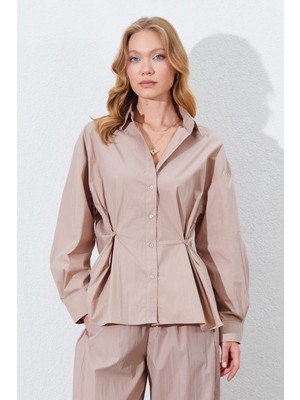 Kadın Vizon Bel Oturtmalı Bel Düğme Detaylı Gömlek