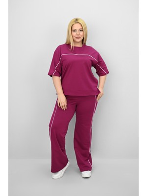 Kadın Büyük Beden Kısa Kollu Ara Biye Detaylı Bol Paça Eşofman Takımı 8189-25