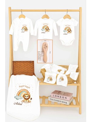 %100 Pamuk Aslan Isme Özel Organik Baskılı Hastane Çıkışı Yenidoğan Isimli Fırça Hediyelik Set