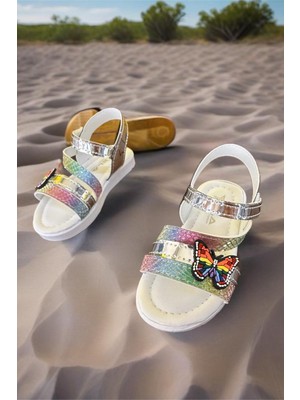 Oksit Kız Çocuk Sandalet Hologram Desenli Kelebek Figürü ile Renkli Tasarımda