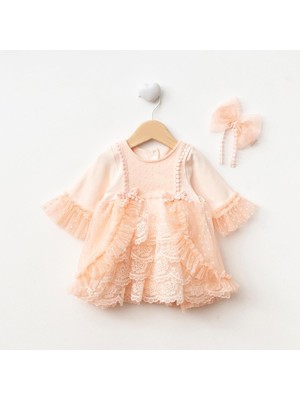 Ürünya Kız Bebek Uzun Kollu Bandanalı Tüllü Tokalı Elbise