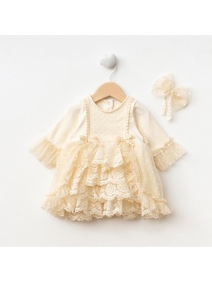 Ürünya Kız Bebek Uzun Kollu Bandanalı Tüllü Tokalı Elbise