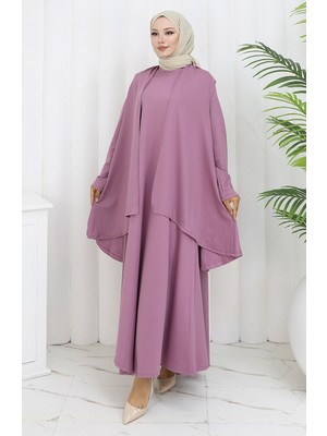 Sefa Merve Büyük Beden Yelek Elbise Ikili Takım 6370-05 Gül Kurusu