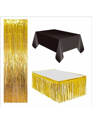 3 Parça Siyah Masa Örtüsü, Gold Masa Eteği, Gold Arka Fon