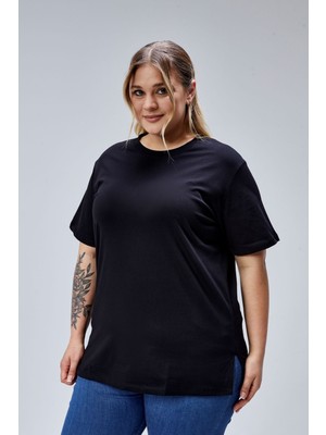Banega Curve Büyük Beden Siyah Pamuk Boyfriend T-Shirt Kısa Kollu Günlük Kullanım İçin