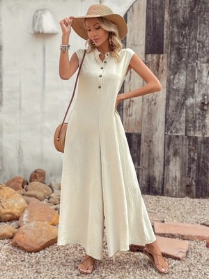 Ahes Shopping Kadın Kısa Kollu Önden Düğmeli Paçaya Doğru Geniş Cepli Uzun Bürümcük Tulum