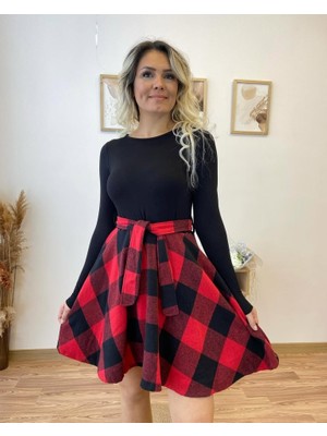 Ahes Shopping Kadın Uzun Kollu Bisiklet Yaka Üst Viskon Alt Ekose Kısa Elbise