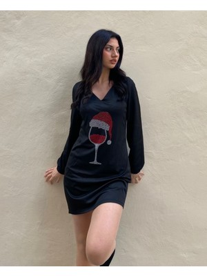 Ahes Shopping Kadın Uzun Kollu V Yaka Baskılı Dalgıç Kumaş Elbise