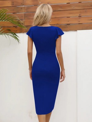 Ahes Shopping Kadın Kısa Kollu Kalp Yaka Yanlardan Büzgü Detay Midi Janjan Krep Elbise