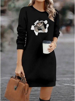 Ahes Shopping Kadın Uzun Kollu Bisiklet Yaka Kısa Viskon Iki Iplik Elbise