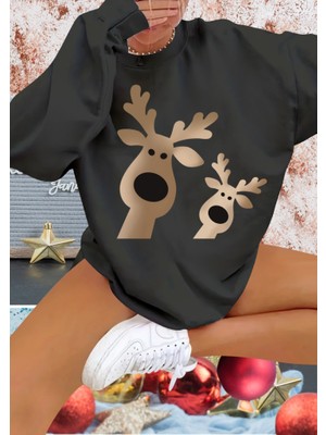 Ahes Shopping Kadın Yılbaşı Özel Uzun Kollu Bisiklet Yaka Geyik Desenli Viskon Iki Iplik Bluz