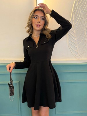 Ahes Shopping Kadın Uzun Kollu Yakalı Fermuarlı ve Cepli Kısa Ithal Krep Kısa Elbise