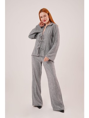 Ahes Shopping Ön Bağlama Detaylı Pantolon ve Gömlek Antrasit Ikili Takım