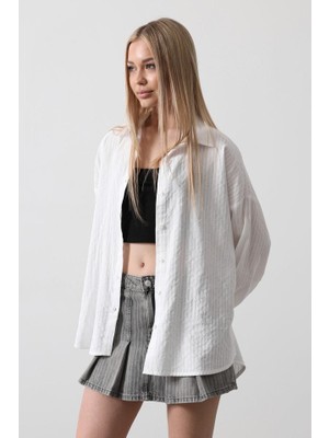 Ahes Shopping Çizgili Uzun Kol Gömlek - Beyaz