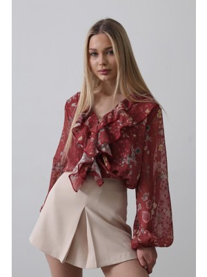 Ahes Shopping Volanlı Çiçek Desen Şifon Gömlek - Bordo