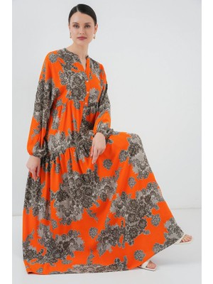 Ahes Shopping 2423 Otantik Desenli Tesettür Elbise - E. Turuncu