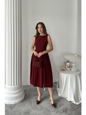 Ahes Shopping Bordo Yanları Büzgülü Midi Boy Keten Elbise