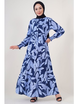 Ahes Shopping 2145 Desenli Tesettür Elbise - Lacivert