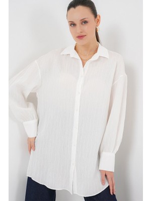 Ahes Shopping Çizgili Uzun Gömlek Tunik 5963 - Beyaz