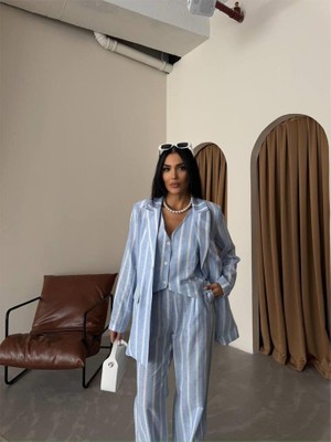 Ahes Shopping Çizgili Ceket Keten - Mavi