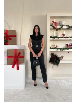 Ahes Shopping Siyah Vatkalı Kemerli Tulum