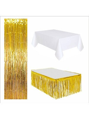3 Parça Beyaz Masa Örtüsü, Gold Masa Eteği, Gold Arka Fon