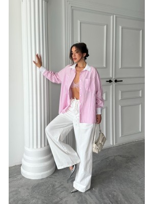 Ahes Shopping Yaka ve Manşet Beyazboyfriend Çizgilipoplin Gömlek - Pembe