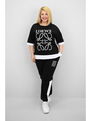 Kadın Büyük Beden Kısa Kollu Nakış Detaylı Garnili Eşofman Takımı 8192-25