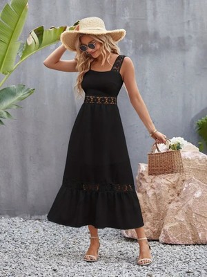 Ahes Shopping Kadın Askılı Dantel Detaylı Kiloş Janjan Krep Elbise