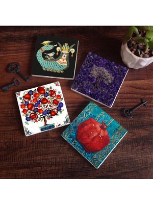 Hayat Ağacı, Şahmeran, Nar Ağacı, Nar Taş Bardak Altlığı Seti - 4 Parça - Dekoratif, Rustik Mutfak Aksesuarı, 10X10 Cm, Kaydırmaz Tabanlı, Şık ve Dayanıklı SC253