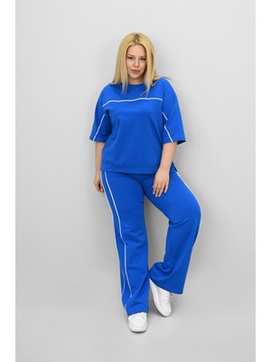 Kadın Büyük Beden Kısa Kollu Ara Biye Detaylı Bol Paça Eşofman Takımı 8189-25