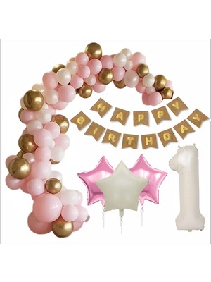 1 Yaş Kraft Gold Banner, 30 Adet Pembe, Gold, Beyaz Balon 2 Pembe 1 Bej Yıldızlı Doğum Günü Seti