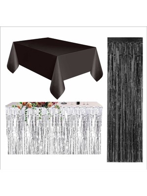 3 Parça Siyah Masa Örtüsü, Gümüş Masa Eteği, Siyah Arka Fon