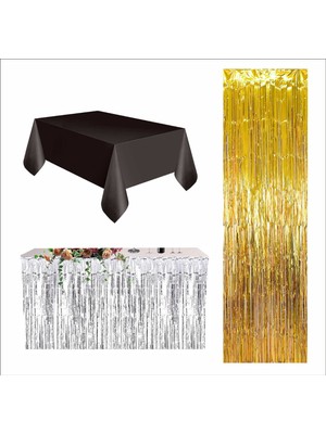 3 Parça Siyah Masa Örtüsü, Gümüş Masa Eteği, Gold Arka Fon