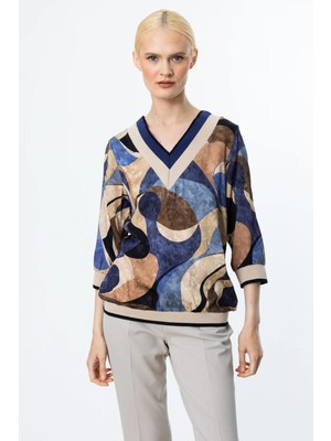 56370 Onteks V Yaka Ribanalı Desenli Bluz