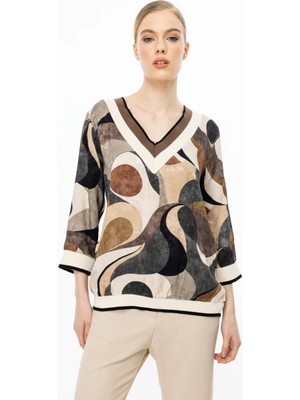 56370 Onteks V Yaka Ribanalı Desenli Bluz