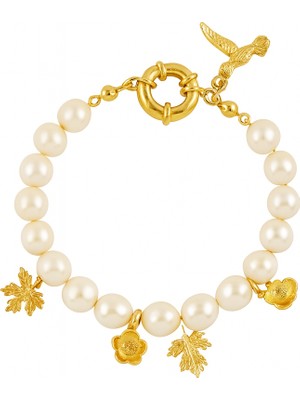 Altın Kaplama Kolye Uçlu Inci Bileklik, Çiçek ve Kuş Detaylı, Beyaz