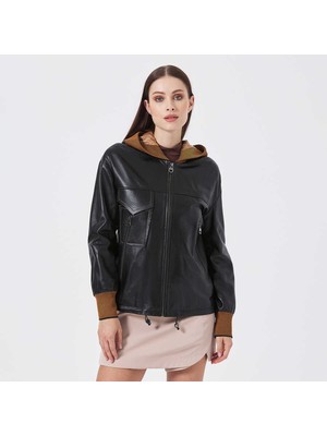 Tergan Siyah Deri-Tekstil Kadın Deri Mont - K23KDM320390-Q3H