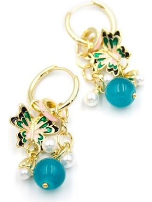 Boncuklu Kelebek Küpe - Pembe