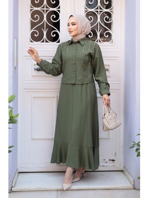 Düğmeli Haki Tesettür Etekli Ikili Takım 44741HK