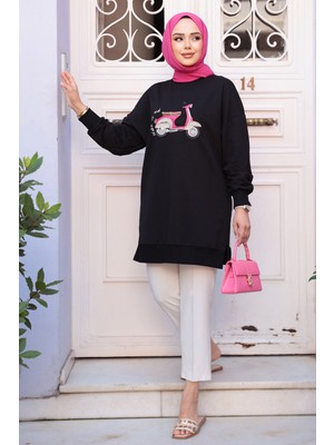 Desenli Siyah Tesettür Tunik 10636S