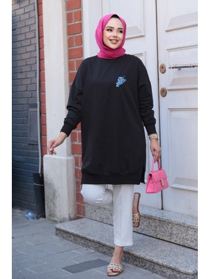 Desen Detaylı Siyah Tesettür Tunik 10653S