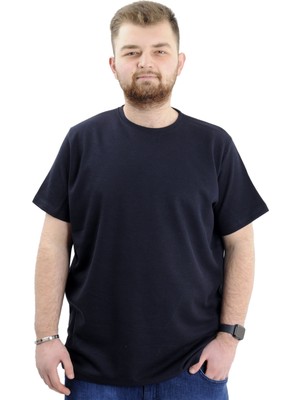 ModeXL Mode Büyük Beden Erkek T-Shirt Lacivert Bisiklet Yaka Standart Kol Günlük Tarz Dokuma Kumaş