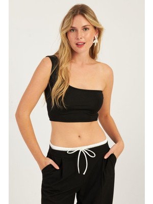 Kadın Siyah Tek Omuz Crop Bluz CG338