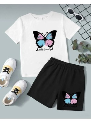 Calp Teks Butterfly Baskılı Şort/t-Shirt Alt-Üst Yazlık Takım