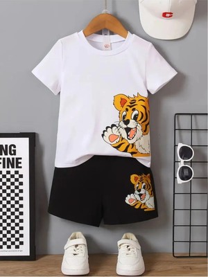 Calp Teks Yandan Aslan Baskılı T-Shirt/şort Alt-Üst Yazlık Takım